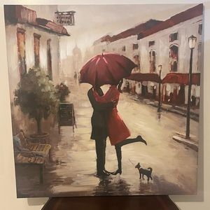 Canvas painting of a couple in love in the rain